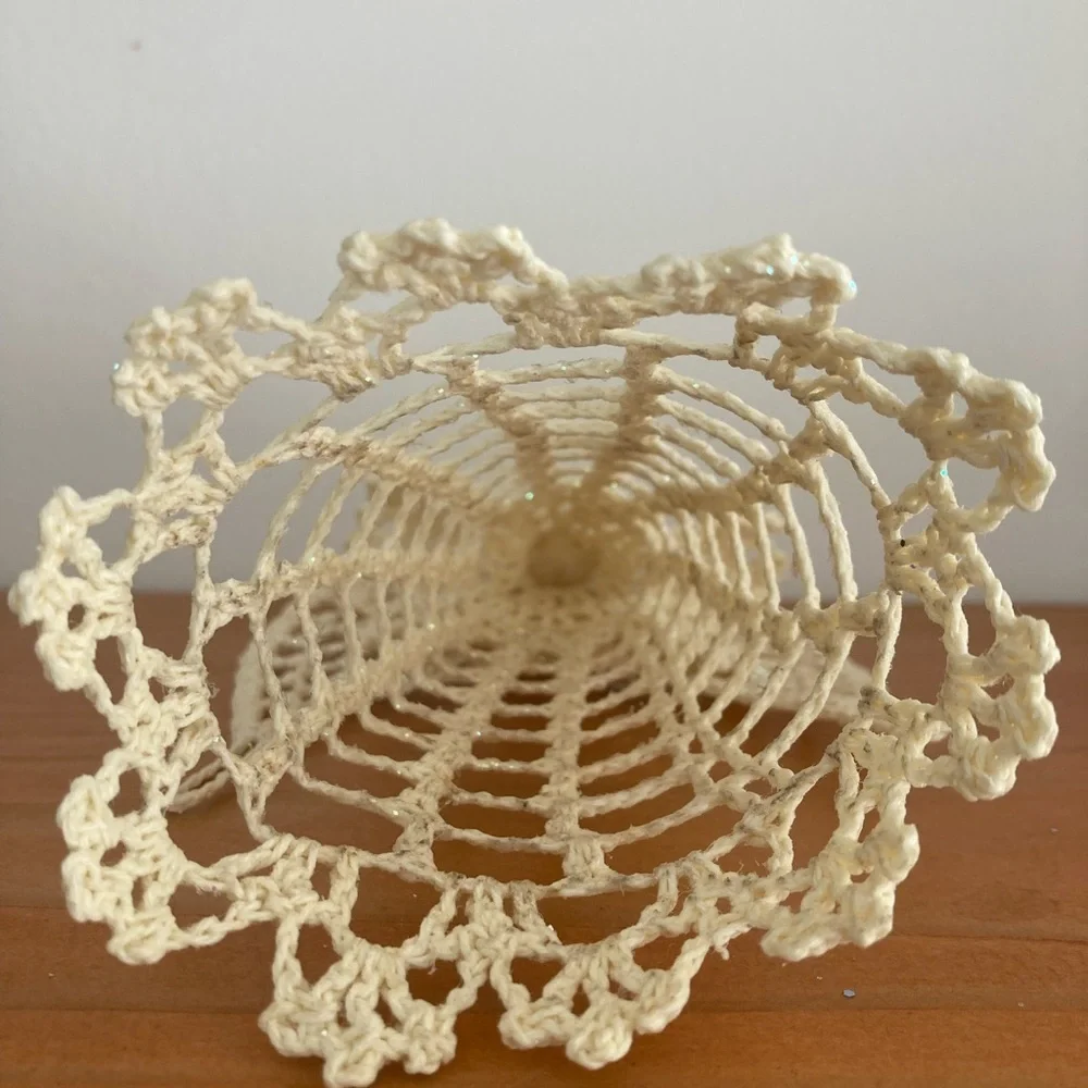 Vintage Crocheted Beige Starched Angel Tree Topper 6” Tall Handmade